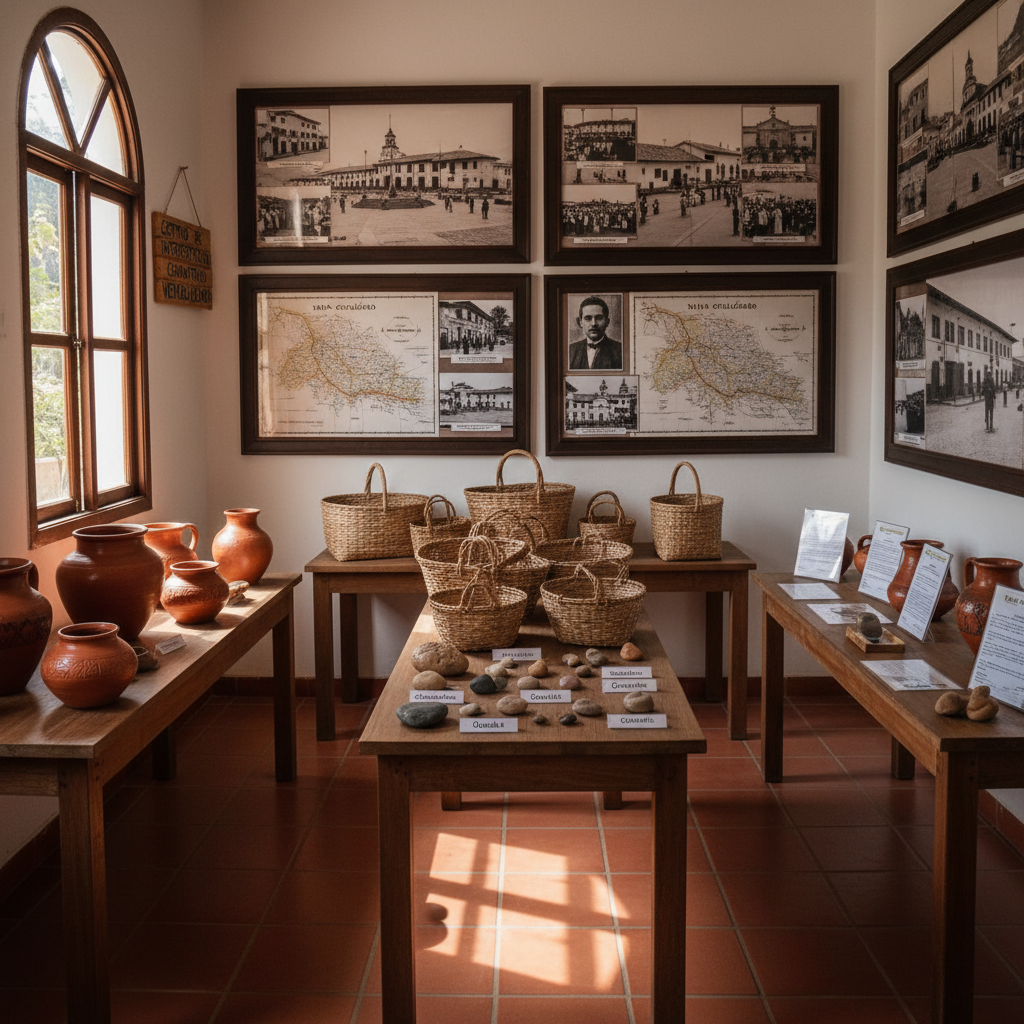 An atmospheric interior view of a small, rustic community interpretation center in Ventaquemada, featuring wooden display tables with neatly arranged local artifacts: polished clay pots, handwoven baskets, and labeled stones representing the region’s geology. On the back wall, large, framed maps and archival photographs of the town’s history are evenly spaced. Soft, diffused daylight enters through a side window, illuminating the textures of wood and clay while casting gentle, elongated shadows on the terra-cotta floor. Photographic realism with an eye-level, symmetrical composition that keeps the entire space in clear focus. The mood is quietly scholarly yet welcoming, conveying professional community-led storytelling about history and ecotourism.