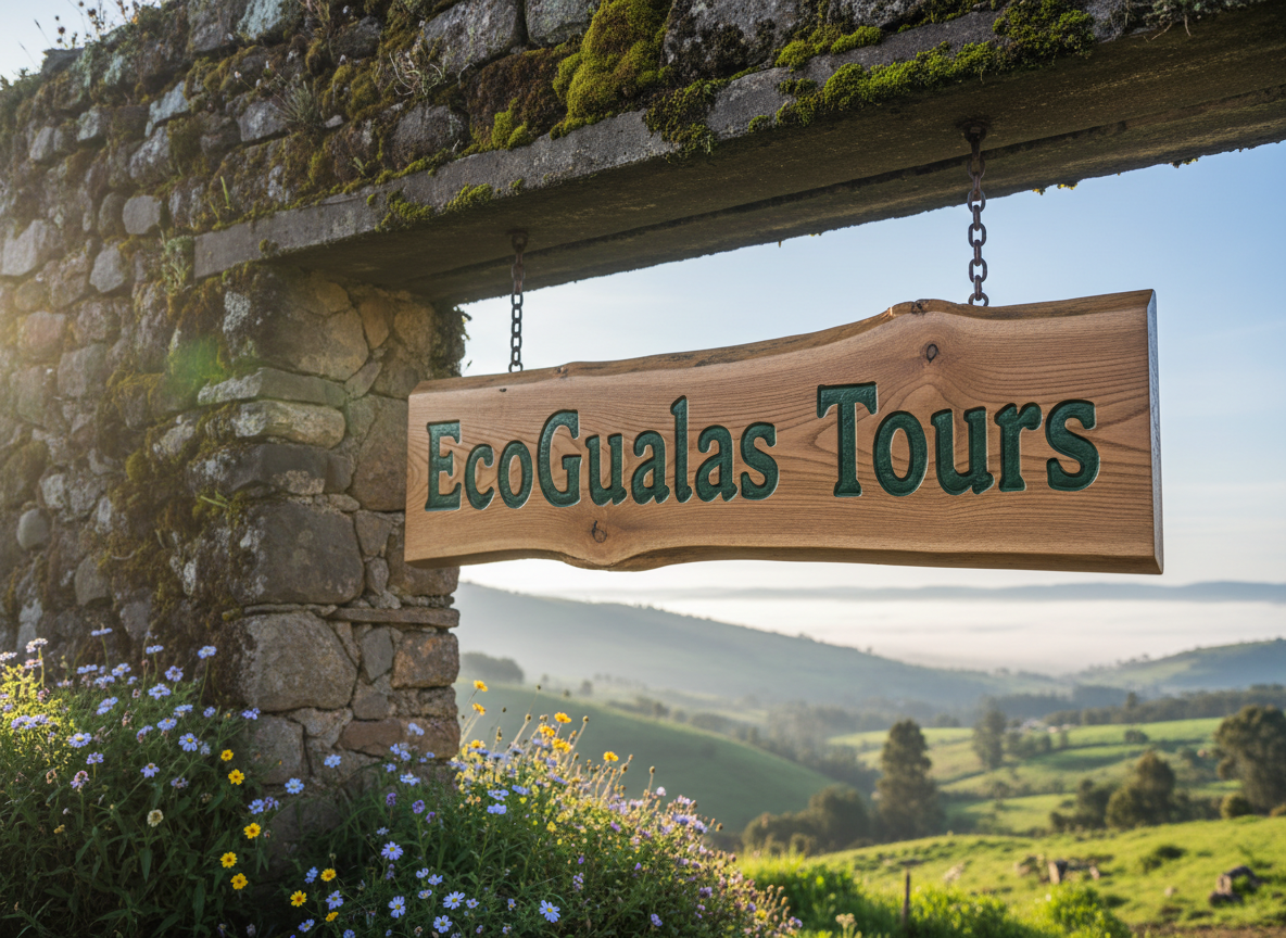 A polished wooden welcome sign reading “EcoGualas Tours” carved into reclaimed oak, the letters filled with deep forest-green paint and a subtle matte finish. The sign hangs from a rustic stone wall covered in soft moss, with delicate Andean wildflowers at the base. Soft early-morning natural light from the left creates gentle highlights on the carved edges and faint shadows between the letters. In the blurred background, rolling green hills of Ventaquemada stretch toward a misty horizon. Photographic realism at eye level, rule-of-thirds composition, with sharp focus on the sign and a shallow depth of field that immerses viewers in a calm, professional, and welcoming ecotourism atmosphere.