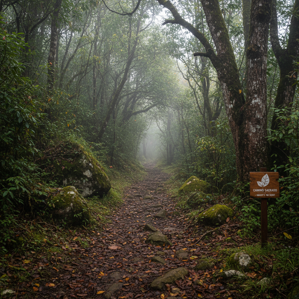 A narrow Andean forest path near Ventaquemada, the ground covered with moist dark soil and scattered fallen leaves in muted browns and deep greens. On either side, dense vegetation of native shrubs, moss-covered rocks, and tall tree trunks with textured bark frame the trail like a natural corridor. Soft, diffused, misty morning light filters through the canopy, creating subtle rays and a gentle glow on dewdrops clinging to leaves. Photographic realism from a slightly low, centered perspective, drawing the eye along the winding path into the foggy distance. The mood is tranquil and exploratory, emphasizing low-impact ecotourism and respect for natural ecosystems.