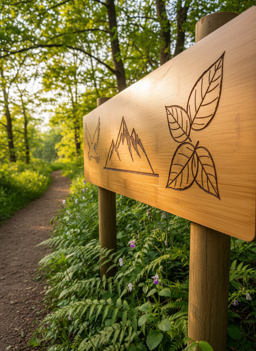 A close-up of a well-maintained interpretive trail sign made from smooth, light-brown bamboo, its surface engraved with icons of birds, mountains, and leaves to represent local biodiversity and history. The sign is anchored beside a narrow, compacted-earth path edged with native ferns and small flowering plants. Warm, late-afternoon sunlight filters through nearby trees, casting dappled patterns on the bamboo and the ground. Photographic realism at a slightly low angle, with the engraved details in tack-sharp focus and the winding trail softly receding into a green bokeh background. The mood is educational and inviting, perfect for a professional community tourism project that highlights environmental awareness.