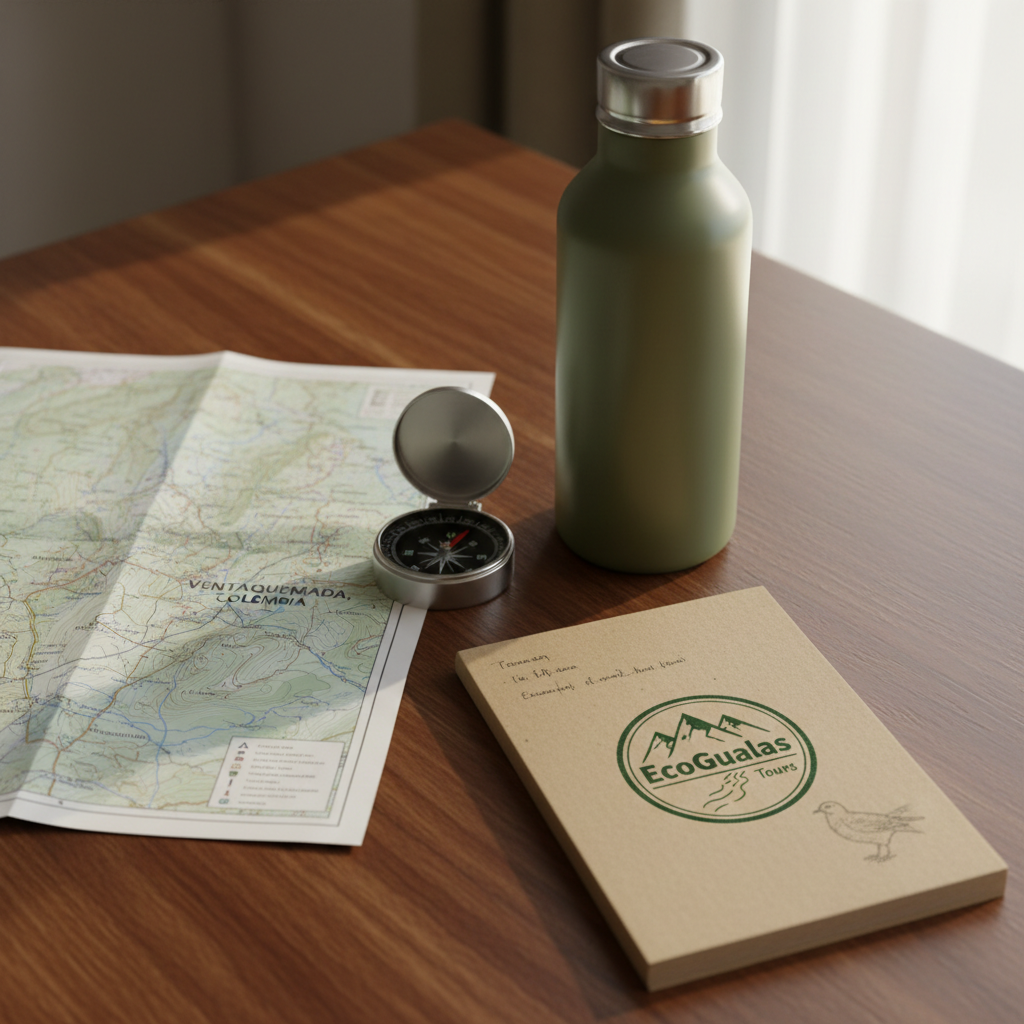 A meticulously arranged display of eco-friendly tourism materials on a smooth, dark-wood table: a folded topographic map of Ventaquemada, a compass with a brushed metal casing, a reusable stainless-steel water bottle with a matte green finish, and a field notebook with a kraft-paper cover stamped with an EcoGualas Tours logo featuring mountains and a river. Soft, natural window light from the right creates clean highlights on the metal surfaces and gentle shadows along the objects. Photographic realism from a slightly elevated angle, with sharp focus throughout for a clear, professional look. The mood is organized and purposeful, highlighting responsible, community-based travel planning.