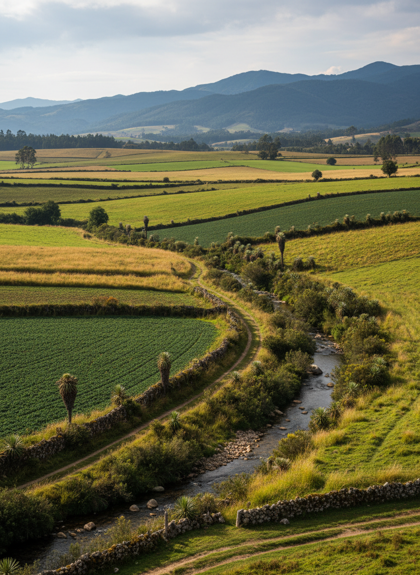 An expansive panoramic view of the rural landscape around Ventaquemada, featuring patchwork fields in varying shades of green, golden native grasses, and winding dirt paths bordered by stone fences. In the midground, a clear, winding creek reflects the soft blue of the sky, while native shrubs and tall frailejón plants line its banks. Overhead, diffused afternoon light from a lightly overcast sky softens shadows and enhances the lush textures. Photographic realism captured from a slightly elevated angle, with crisp detail in the foreground and progressive softness in distant mountains. The mood is serene and contemplative, conveying sustainable, community-based ecotourism in a clean, professional style.